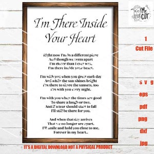 I'm there there inside your heart cut files, Memory SVG, Dxf, Eps, Png, PDF, Sympathy Gift jpg transfer, svg, Memorial, Funeral, Memorial poem
