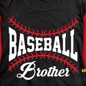 May include: Black t-shirt with white text that reads "Baseball Brother" with a red baseball stitch design.