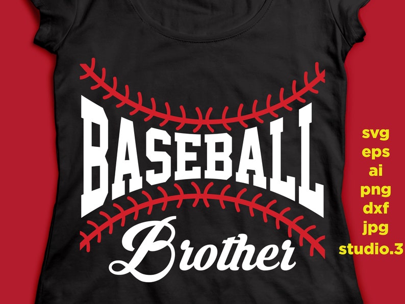 May include: Black t-shirt with white text that reads "Baseball Brother" with a red baseball stitch design.