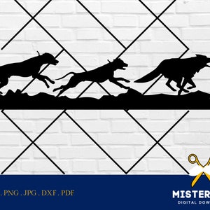 Diseño de paisaje de coyotes y perros de caza, vector svg, sublimación png, DxF EpS, png, jpg, archivo de corte pdf, cartel o camisa svg