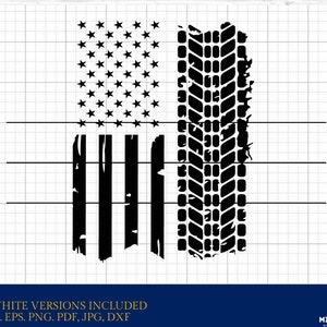 May include: A distressed black and white American flag design with a tire tread pattern on the right side. The flag is a silhouette with a white background.