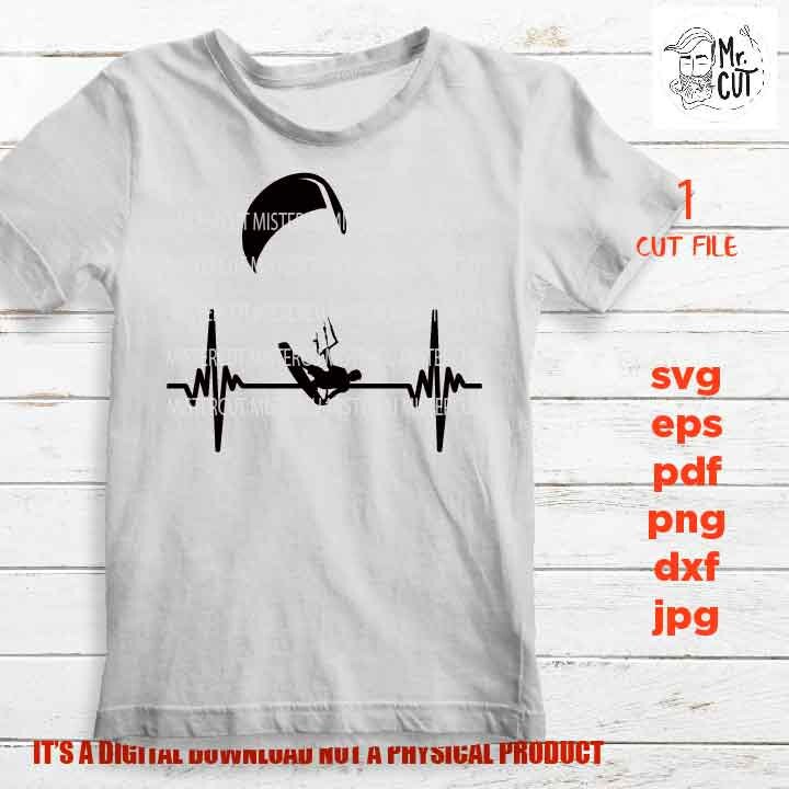 Heartbeat SVG, Kiteboarding kitesurfing Love, kite kiter svg, eps, dxf, png high resolution, jpg, pdf, cut file, cricut, shirt vector design