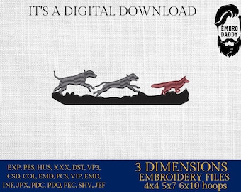 Machine Embroidery files, Hounds Hunt fox Machine Embroidery Design, 3 sizes, Embroidery Pattern, PES, dst, xxx, & more