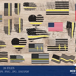 May include: A collection of digital files featuring American flag designs with a yellow stripe, in various styles. Includes distressed, heart-shaped, and wave-like flag graphics. The files are available in SVG, EPS, PNG, JPG, and DXF formats.