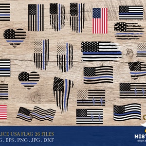 May include: A collection of 26 digital files featuring various designs of the American flag with a blue line, including distressed and heart-shaped versions. The flags are in black, white, and blue, with some showing a red and white striped design.