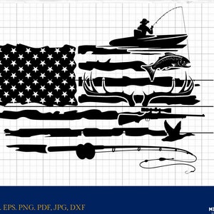 Bandera americana de pesca y caza, svg, eps, dxf, PNG para sublimación, archivo recortado, Pdf, Jpg, Imprimible, Cricut, Silueta
