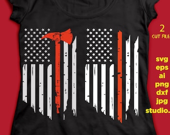 USA flag Fire Dept Red Line Svg Fireman Distressed Flag Svg Firefighter Cut Files Fire Axe Vinyl Decal Design T-shirt, for Cricut Silhouette