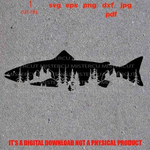 May include: Black silhouette of a fish with a forest scene inside the outline. The fish is facing right and has a pointed fin. The forest scene includes trees and mountains. The text "IT'S A DIGITAL DOWNLOAD NOT A PHYSICAL PRODUCT" is at the bottom of the image.