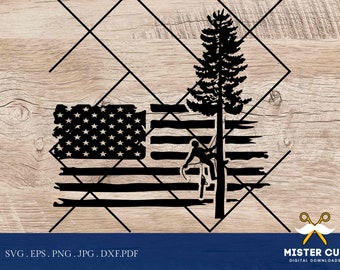 Archivos digitales de arborista, bandera de EE. UU., diseño vectorial de árbol (SVG), sublimación PNG, DXF EpS, PNG, JPG, archivo de corte PDF, letrero o camisa (SVG)