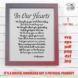 Dans nos coeurs couper des fichiers, SVG, Dxf, Eps, Png, PDF, cadeau de sympathie, transfert jpg, miss one svg, commémoratif, funérailles, poème commémoratif