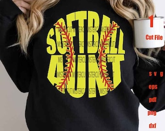 May include: A black sweatshirt with a yellow softball design that says "Softball Aunt". The softball design has red stitching.
