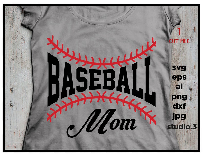 May include: A gray t-shirt with a red baseball stitch design and the text "Baseball Mom" in black.
