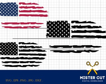 Puede incluir: Varios diseños desgastados de la bandera estadounidense en azul, rojo y negro. Los diseños incluyen las estrellas y las barras en varios estilos, con una apariencia rasgada o desgastada. La imagen también incluye el texto "SVG. EPS. PNG. JPG. DXF."