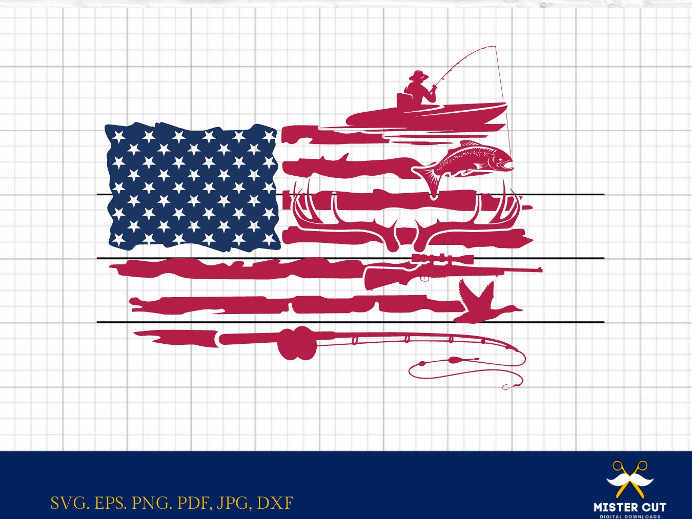 Fishing and Hunting American Flag, Svg, Eps, Dxf, PNG for