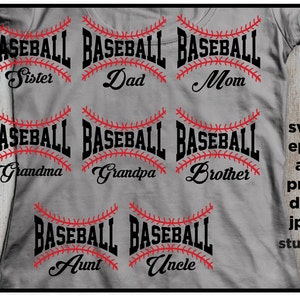 May include: A set of 8 baseball-themed SVG cut files featuring the word "BASEBALL" with a red stitched baseball design. The text below each design includes family member titles such as "Sister", "Dad", "Mom", "Grandma", "Grandpa", "Brother", "Aunt", and "Uncle".