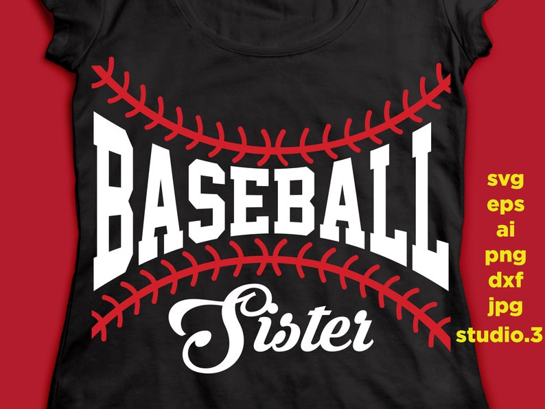 May include: Black t-shirt with white text that says "Baseball Sister" with a red baseball stitch design.