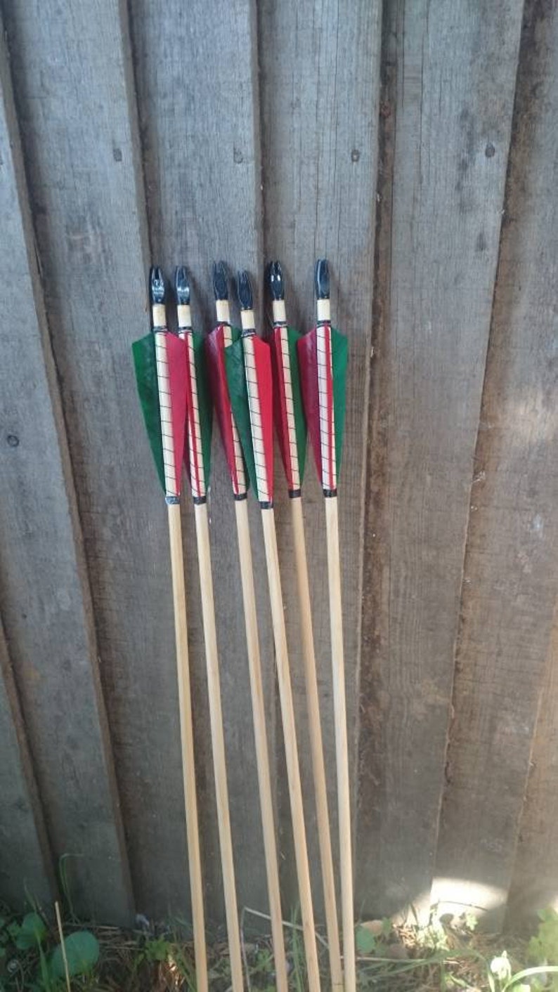 6 x high quality larp arrows,graded wood shaft, fully bound feather fletches in your choice of colours. image 6