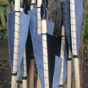 6 x high quality larp arrows,graded wood shaft, fully bound feather fletches in your choice of colours. image 1