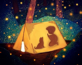 Bedtime Stories, Storyteller, Fairy tale. A5 Print. Child Reading in Tent