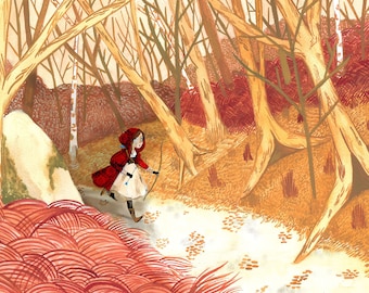 Petit Chaperon Rouge, Scène automnale, Conte de fées, Folklore A4 Print