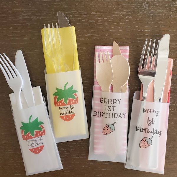 Berry First Birthday Utensil Holders - Printed Vellum Paper - Set of 8