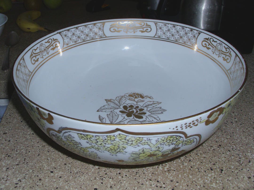 Vintage Gigantic Gold Imari Bowl Hand Painted Japan Chinoiserie Asian