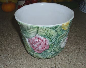 Italian Porcelain Ceramic Flower Pot Planter Basket with Hand Painted Glazed Embossed Roses and Leaves