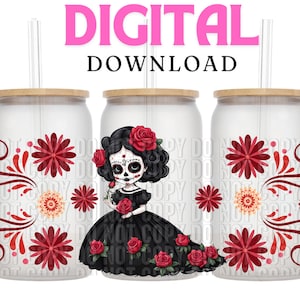 Catrina Glass Can PNG, Dia De Los Muertos, Libbey PNG, PNG español, Latina png, lata de vidrio png, Talavera png, Viva Mexico png, uv dtf png