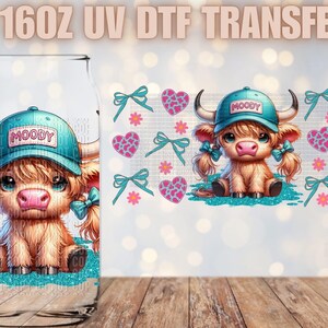 Puede incluir: Un transfer UV DTF de 16 oz con una vaca de las Tierras Altas de dibujos animados que lleva un sombrero azul con la palabra "MOODY" en &eacute;l. La vaca est&aacute; rodeada de corazones y flores rosas y azules.