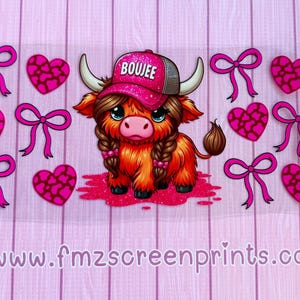 UV DTF WRAP -Ready to apply- uv dtf- Boujee coquette highland cow pink bow- cute cow- highland cow