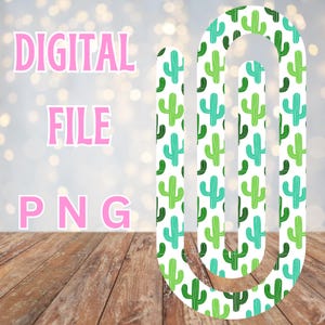 May include: A digital file of a white paperclip with a green and blue cactus pattern. The paperclip is shaped like a U.