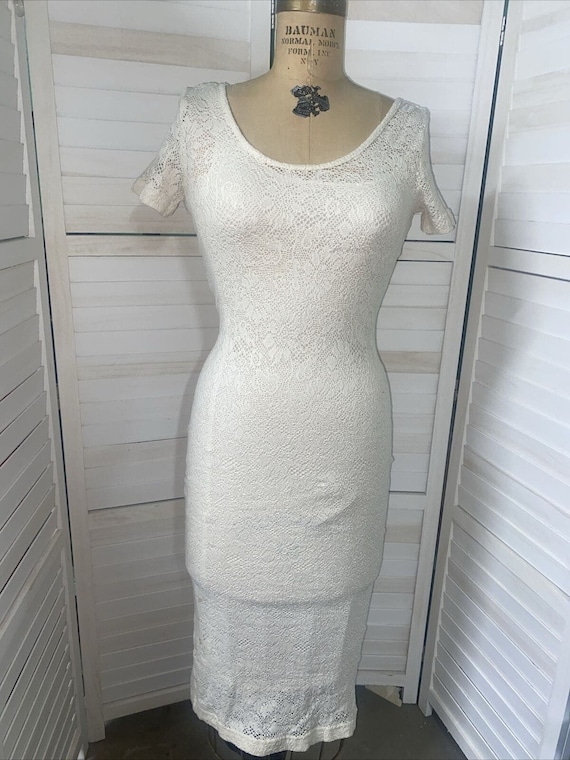 Vtg 90s Y2k Express Tricot Pencil Maxi Cotton Blend Lace Dress Lined Medium USA