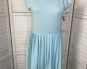 Vintage New With Tags 70s / 80s Aqua Cotton Knit Dress Pleated Skirt Medium