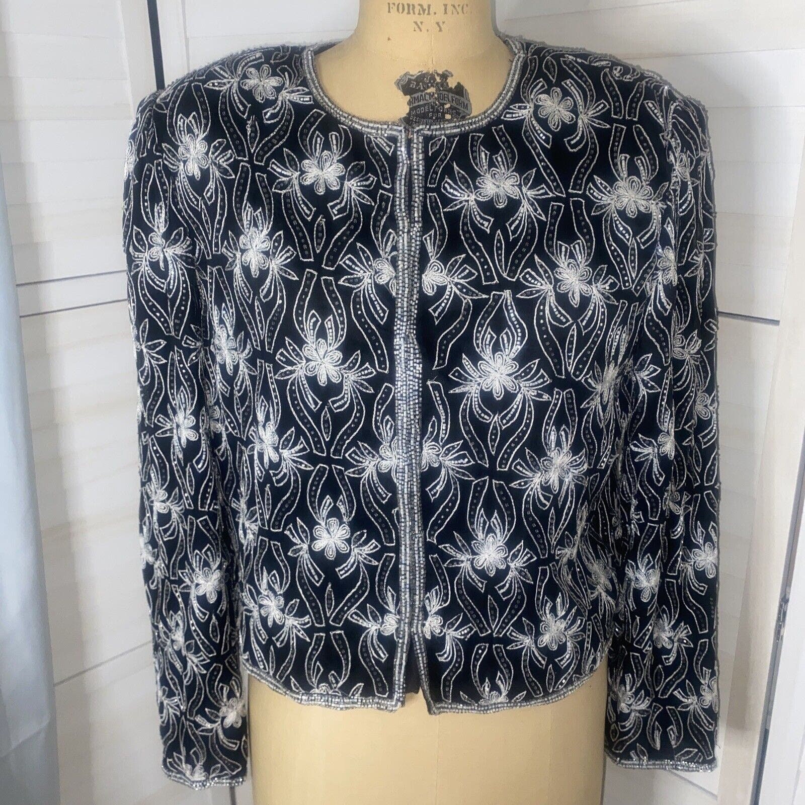 NWT VTG Laurence Kazar Women's Black Red Cropped Beaded Silk Jacket Large main image 0