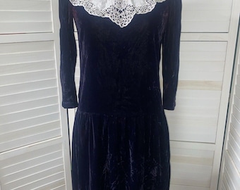 Vintage 80s Nancy Johnson Navy Blue Crushed Velvet Formal Cocktail Dress Sz Sm