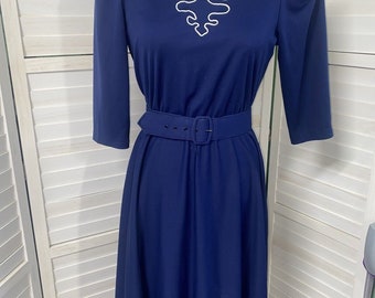 Vtg 80s Whirlaway Frocks Navy 3/4 Sleeves Pleated Belted Fit & Flare Dress Sz 10