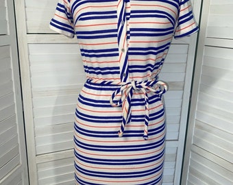 Vintage Lady Bayard 60s Striped Shirt Dress Sheath Pencil Knit Belted Small/Med