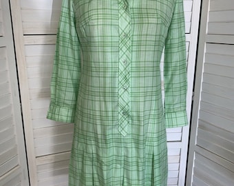 Vintage 60/70s Serbin Of Florida Shirt Dress Plaid Cotton Drop Waist Pleated Med