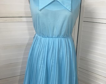 VTG 70's Blue Polyester Dress Pleated Skirt Sleeveless Knee Length Sz Small