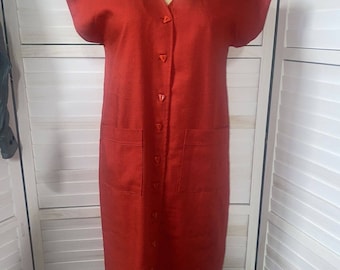 Vintage 60s 70s Handmade Red Sheath Shirt Linen Dress Triangle Buttons Medium