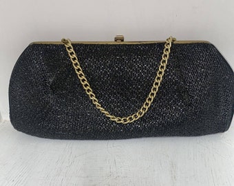 Vintage 50er 60er schwarze Geldbörse Abendtasche Clutch Bag Klappkette Henkel aus Stroh Äußere