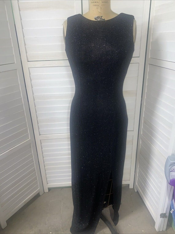 blue dress for baby girl Betsy & Adam Women's Long Sequined Stretch Gown - Black/Nude
