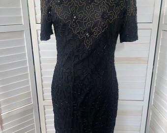 New Vintage 80s J.M.C. Black Beaded 100% Silk Cocktail Sheath Dress Open Back M