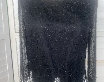 Vintage 80s Lawrence Kazar Silk Sequin Beaded Shirt Top Women’s Black Formal PS