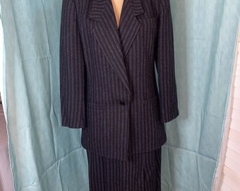 Sasson Navy Tweed Skirt Suit Vintage 80's Sz 10 Blazer Pencil Skirt