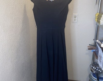 Vintage 1940s Simple Black Crepe Dress Size Small