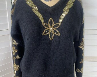 Vintage 80s 90s Worthington Women’s Black Sequin Beaded Silk Blend Sweater Small