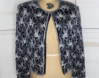 Vtg LAURENCE KAZAR Black Holiday Party Beaded Silk Evening Jacket Blazer Large