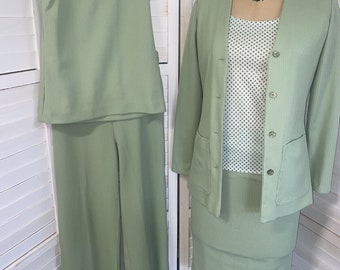 Handmade 70s Green Polyester 5 Piece Tank Blouse Skirt Pants Jacket Green Set
