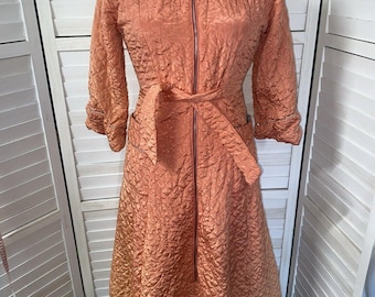 Vintage 50s 60s Orange Satin Quilted Zipper Front & Tie Robe Lined Full Length S